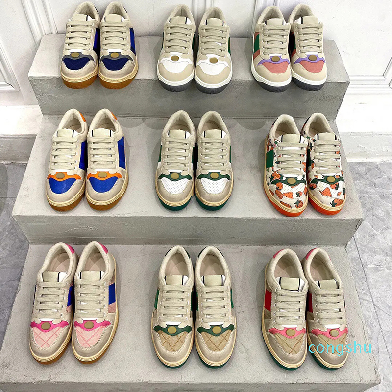 Fashion Vintage Screener Designer Casual Dirty Shoes with box Classic Leather Web Butter Sneaker beige white ebony green treated Black Suede Mens