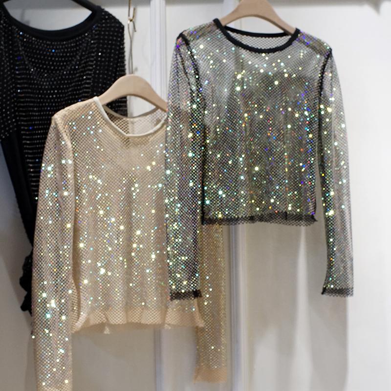 Women's Sweaters Spring Fall Ladies Glitter Rhinestone Crew Neck Long Sleeve Bright Bling Fishnet Hollow Out Mesh Shiny Shirt Womens TopWome