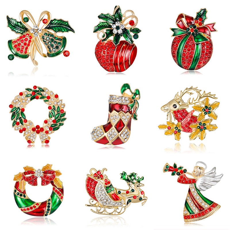 

Creative Christmas Brooch Pin Buckle Clip Exquisite Crystal Rhinestone Wreath Bell Women Party Festival Clothes Jewelry Gift