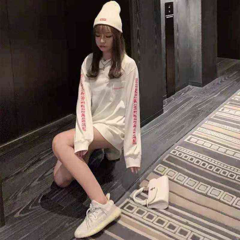 

chrx Print Pink spine Sanskrit horseshoe letter long sleeve t-shirt men' and women' top bottomed T-shirt, White