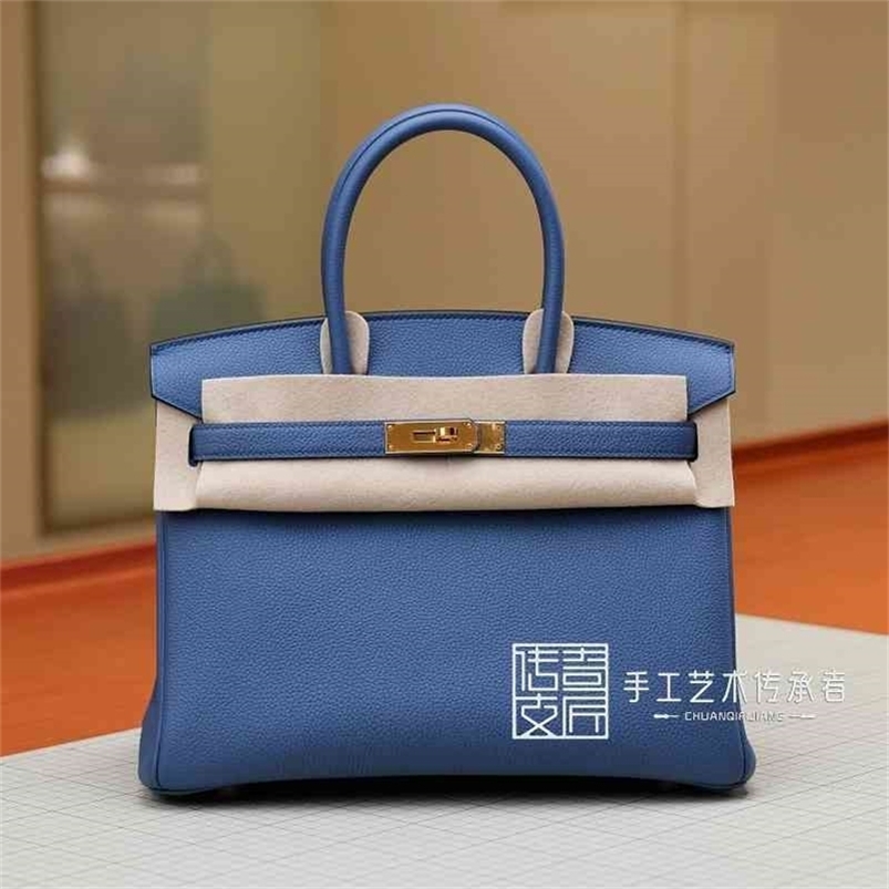 

Birkins Bags Herme Handbag Designer Pure Deigner Manual Thread ewing Bag Togo Calfkin Agate Blue Gold Buckle Bk30cm Have Logo