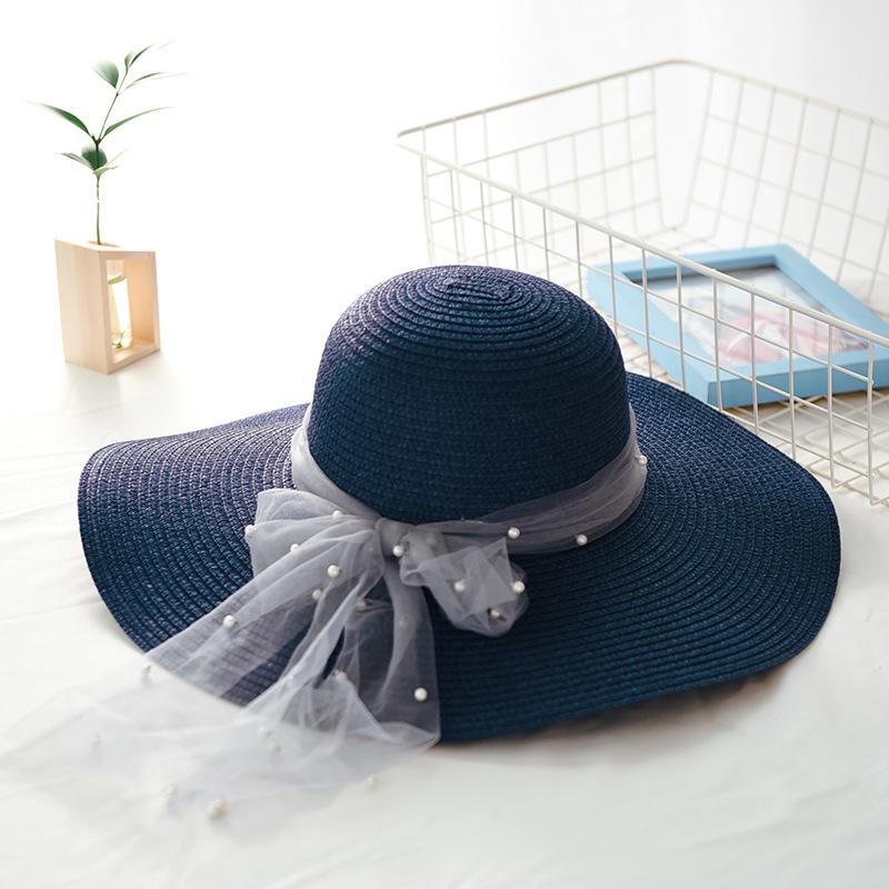

Ball Caps Spring Xia Maozi Women's Wide Brim Hat Korean Straw Solid Color Pearl Foldable Outdoors Sandy Beach Sunscreen Sun HatBall, Beige