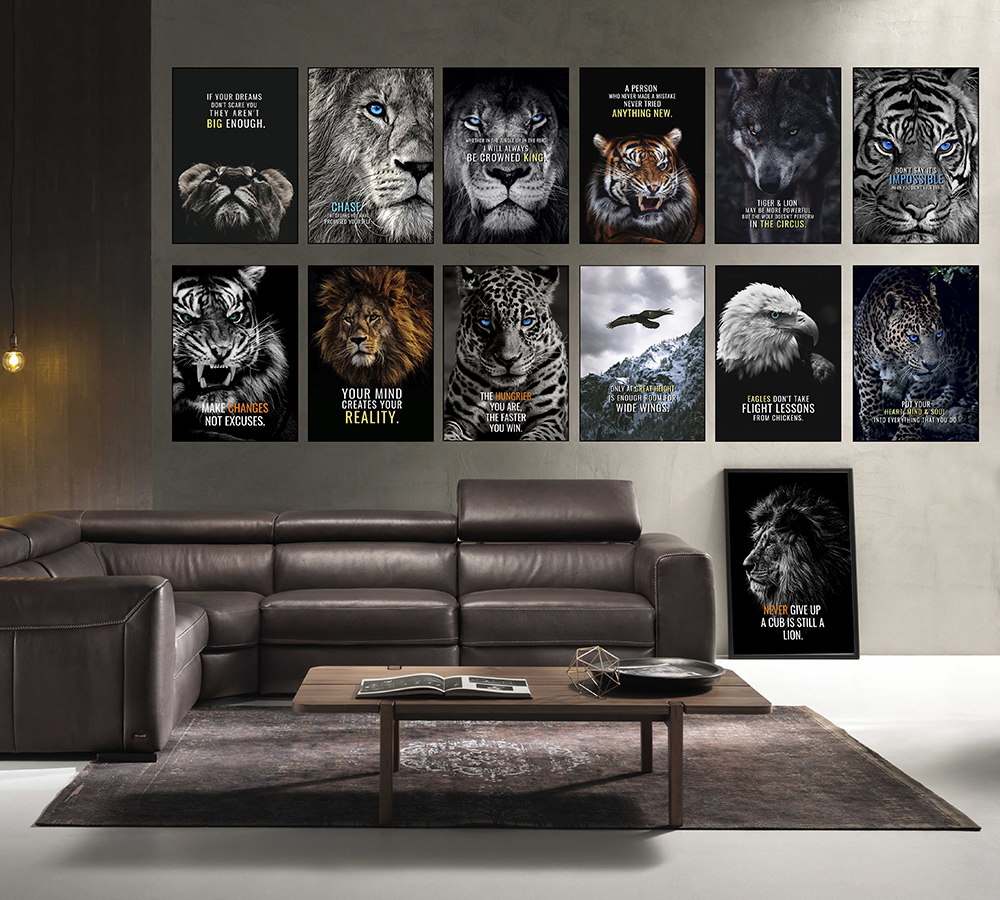 

Lion Tiger Letter Inspirational Quotes Poster Animal Motivation Print Canvas Painting For Living Room Wall Pictures Home Decor