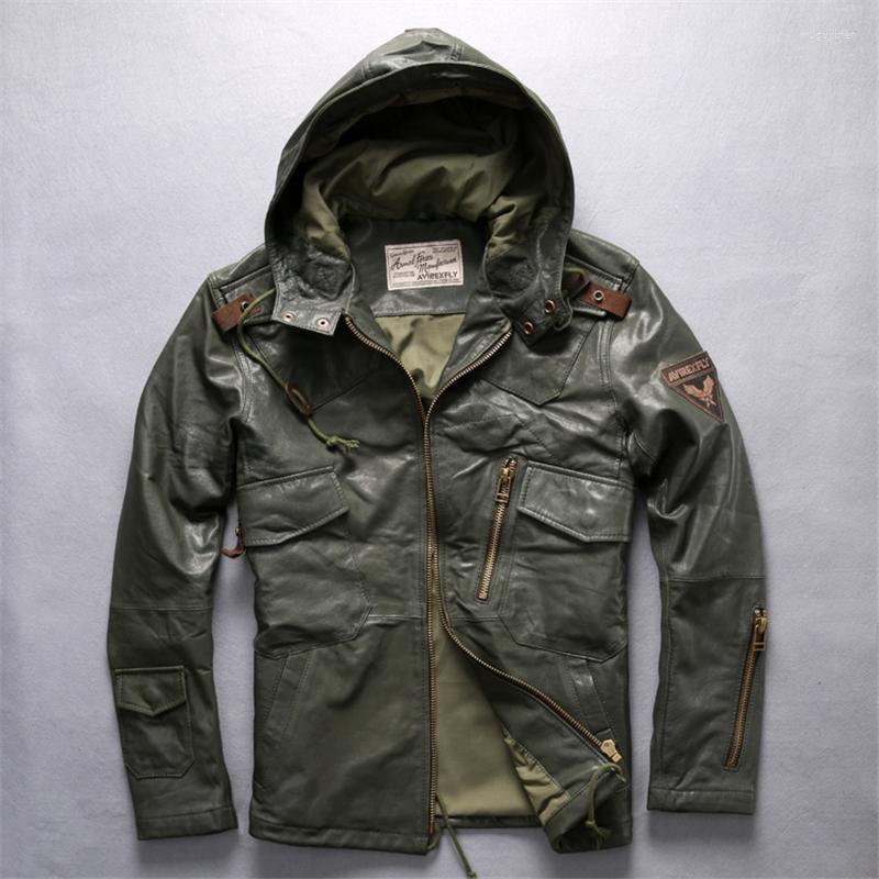 

Men's Leather & Faux Flight Long Hooded Genuine Jacket Brand Soft Cowskin Vintage European American Coat Free