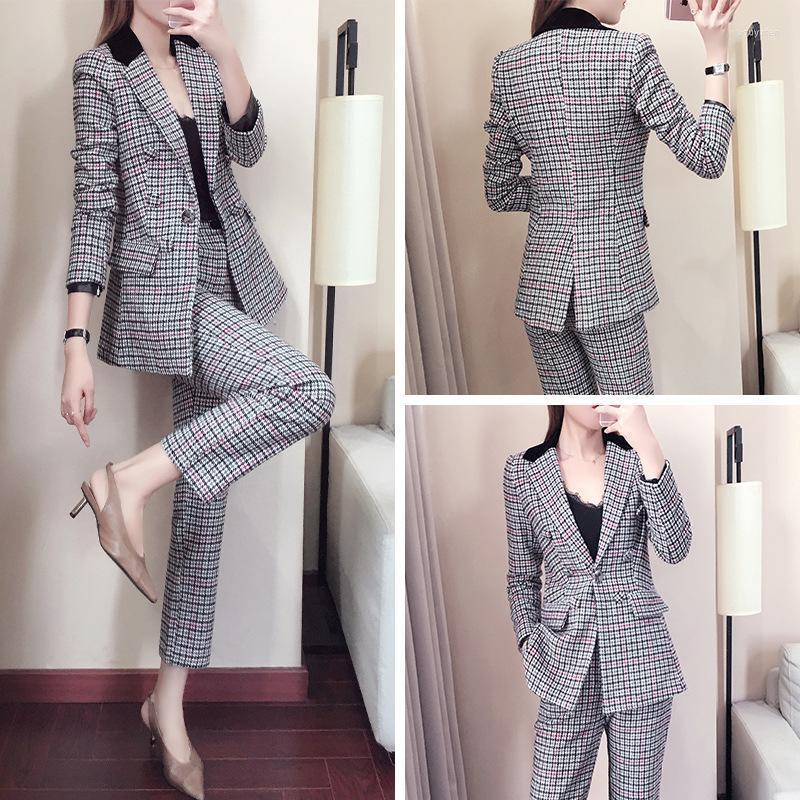 

Women' Suits & Blazers Elegant Office Lady Busieness 2 Piece Set Women Plaid Gray Blazer Pants Notched Jacket Pant Suit Outfit
