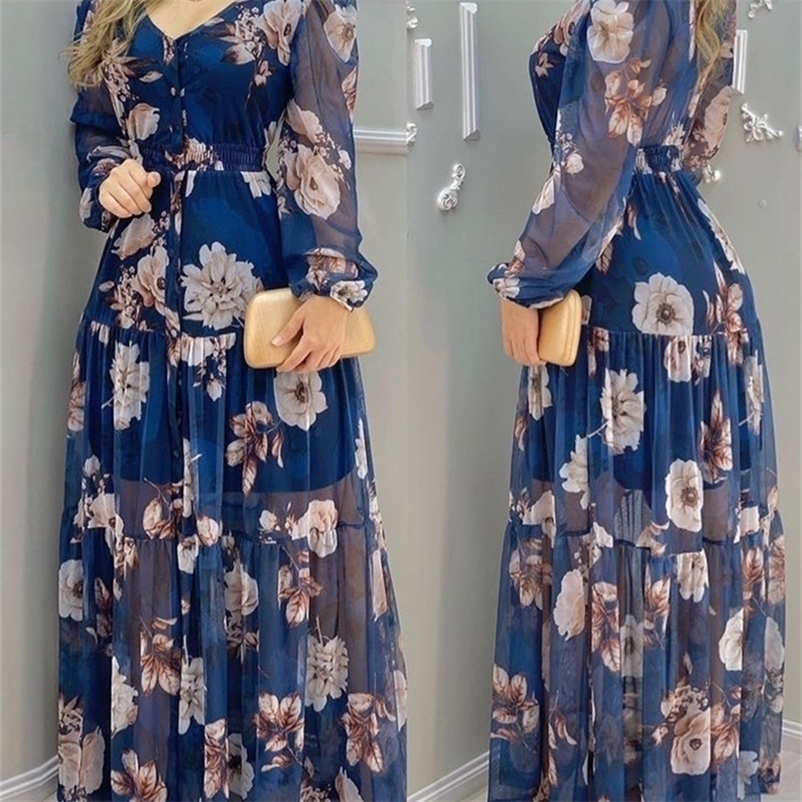 

Womens Summer Blue Printed Chiffon DressWith Lining 220811