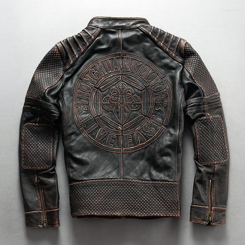 

Men's Leather & Faux Genuine Jacket Vintage 2022 Brown Motorcycle 3D Print Thick Cowhide Slim Fit Jackets Spring Autumn Winter Russia Coats, Vintage black