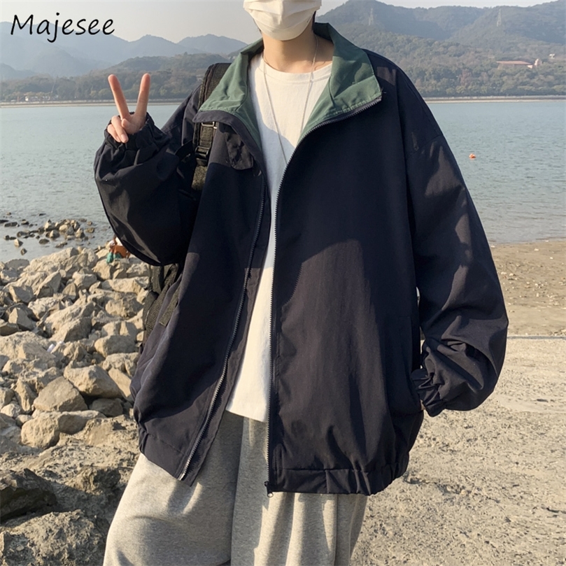 

Bomber Jackets Men Streetwear Handsome Outwear Spring Turndown Collar Simple Korean Style Trendy Solid Fashion Basic Clothes 220811, Navy