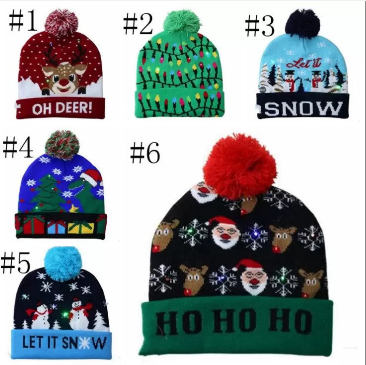 

Led Christmas Hat Knitted Pom Light Xmas Beanies Crochet Winter Hats Deer Elk Gilrs Skull Cap Christmass home decoration