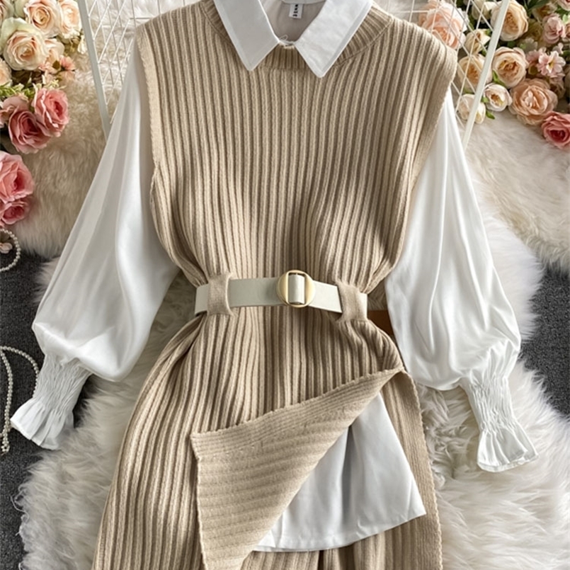 

spring autumn womens lantern sleeve shirt knitted piece of College style waistband vest two sets top UK900 220811, Gray
