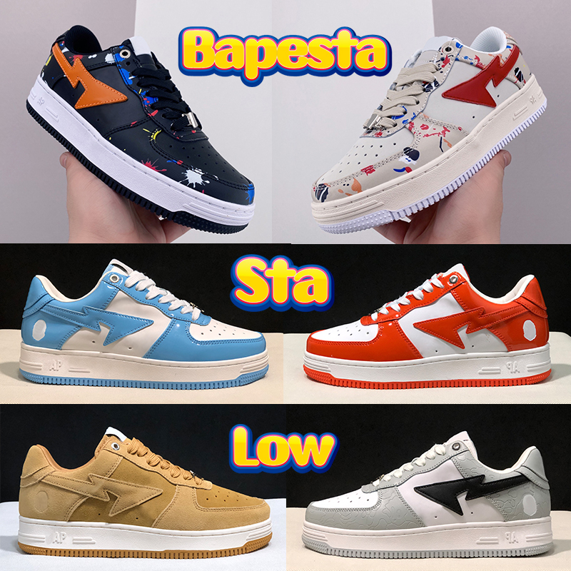 

Luxury Sta Low casual shoes Nigo Bathing Apes sneaker Grey Black Patent Leather Green White Tokyo Paint beige suede Pastel Pink men women designer sneakers, Shoe box