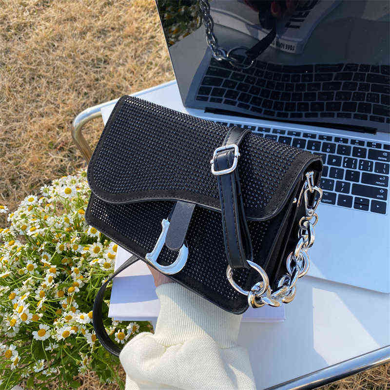 

Rhinestone small square bag female 2022 summer new show sling one shoulder design chain trend Purses, Black