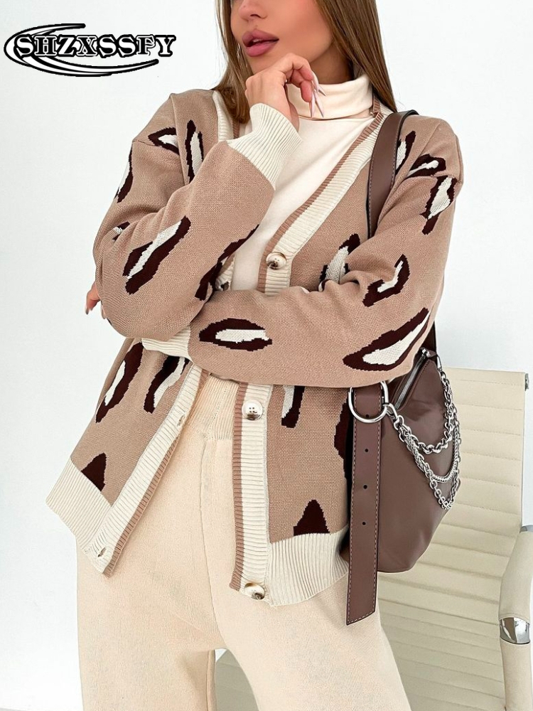 

Cardigan Women New Autumn and Winter Leopard Print Sweater Two-piece Suit Retro Knit Cardigan Fashion Casual Single Breasted, Gray