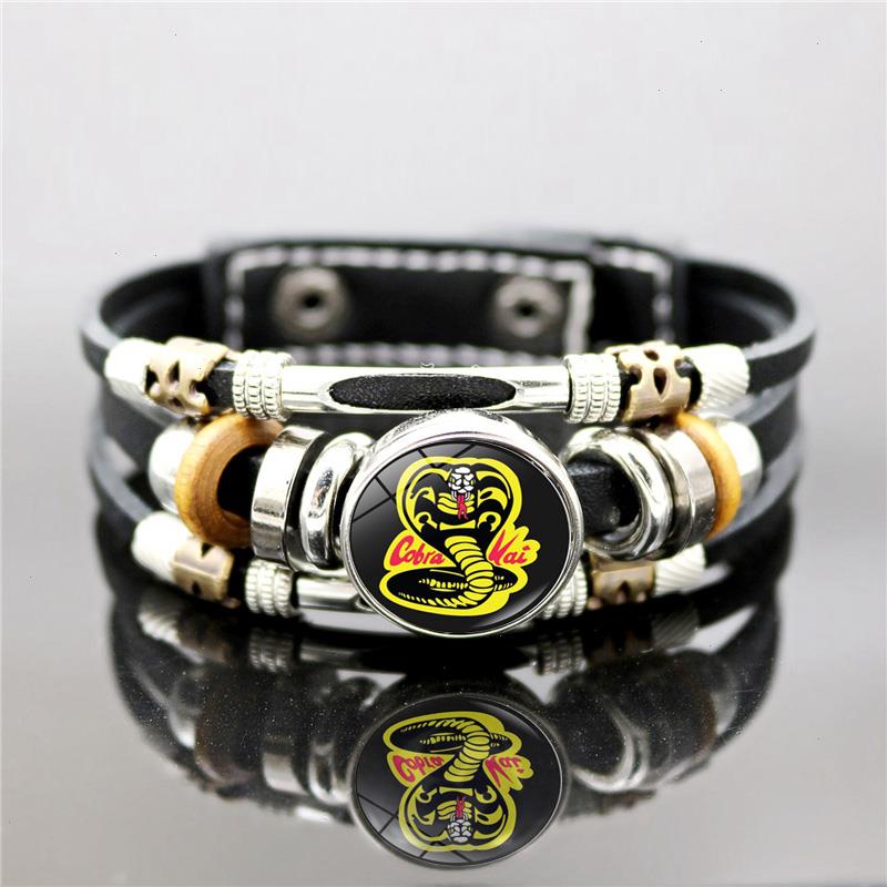 

Cobra Kai Punk Strands Leather Bracelet Karate Kid Movie Glass Snap Button Jewelry Multilayer Vintage Handmade Braided Men