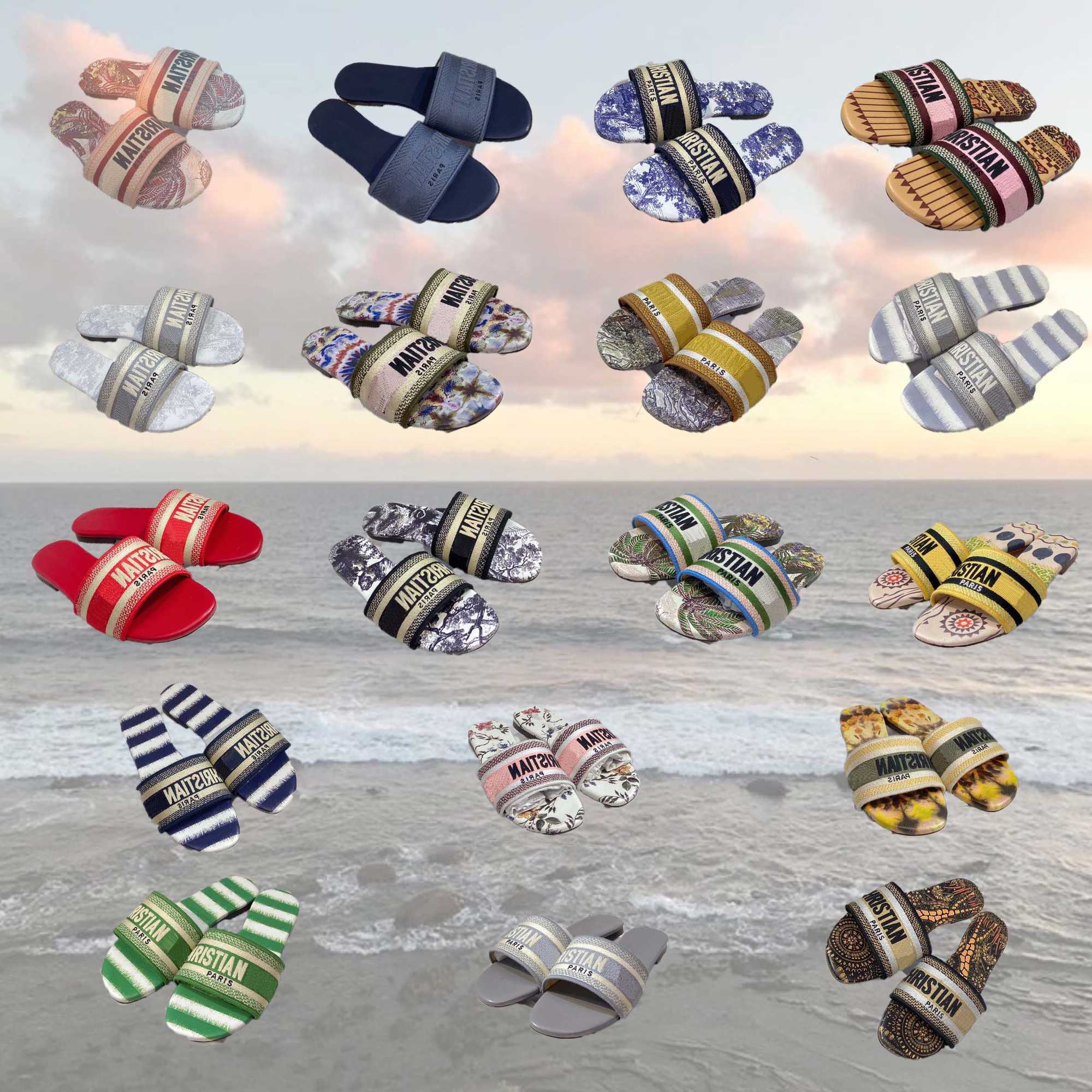 22 Designer en cuir femme sandales d'été pantoufle plate fashion plage femme grosse casse arc-en-ciel lettres pantoufles taille 34-40
