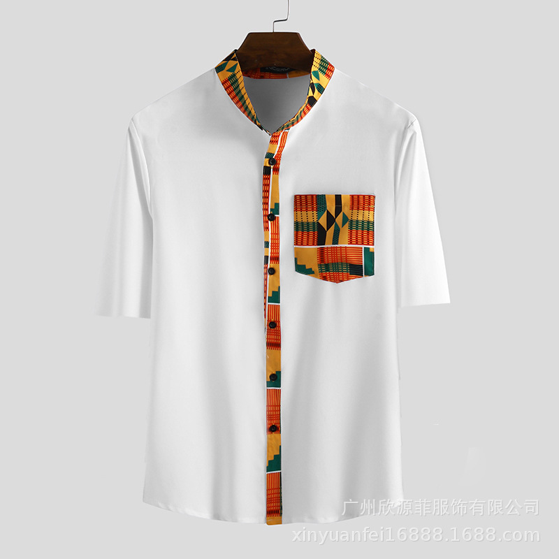 Men Shirt Streetwear Ethnic Style Printed Short Sleeve Tops Stand Collar Button Men African Clothes Dashiki Camisa-image-549396320