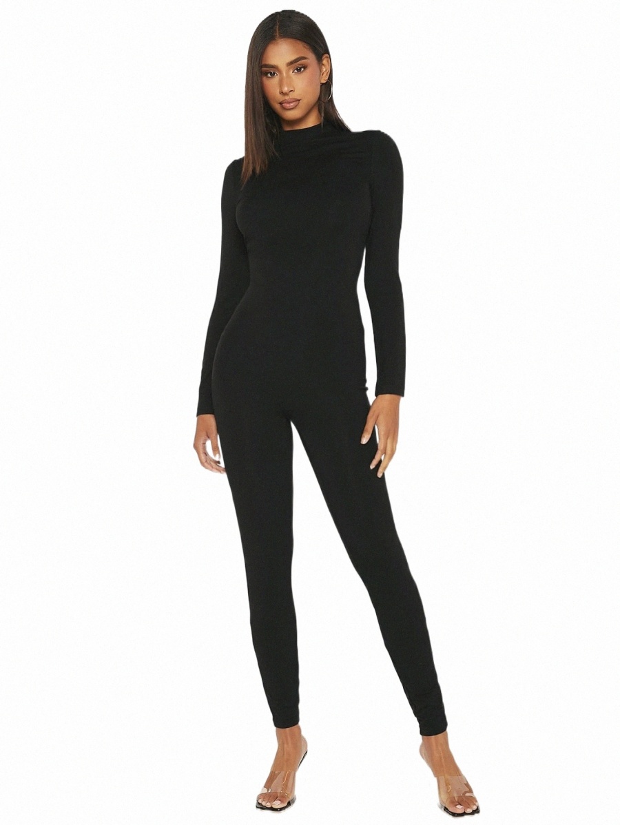 

tall Solid Mock Neck Unitard Jumpsuit a3u3#, Black