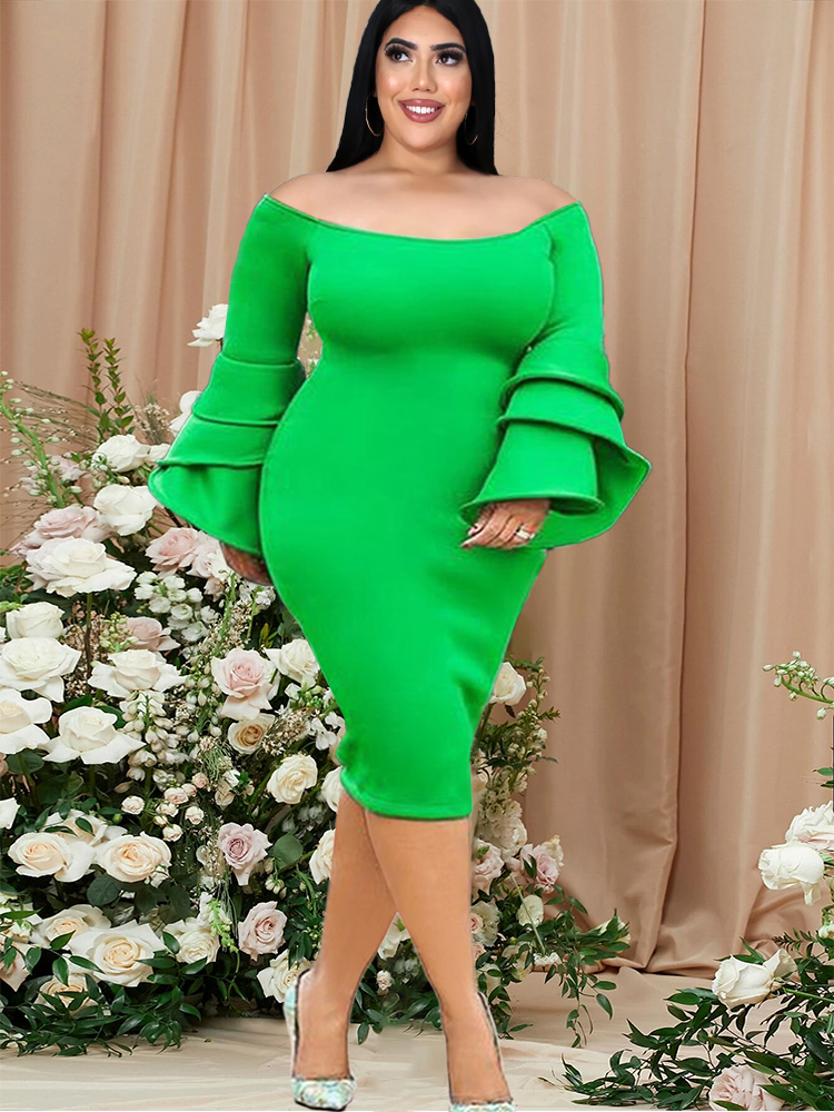 

Women Bodycon Party Dress Green Bare Shoulder Flare Sleeve Ruffle Sexy Fashion Club Cocktail Birthday Wear