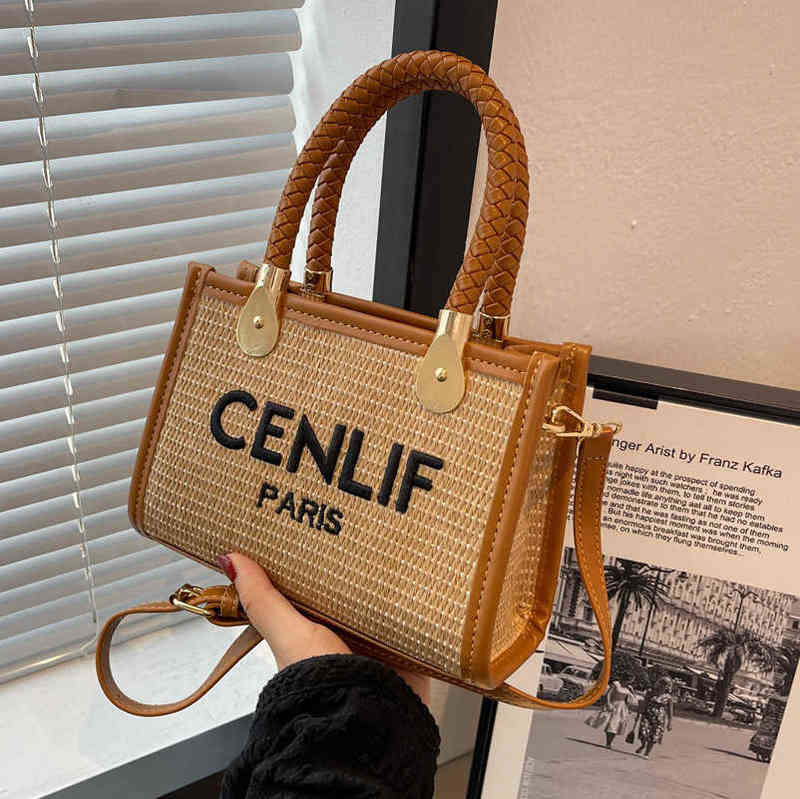 

design straw bag women's 2022 summer new popular versatile messenger texture portable small square Purses, Black