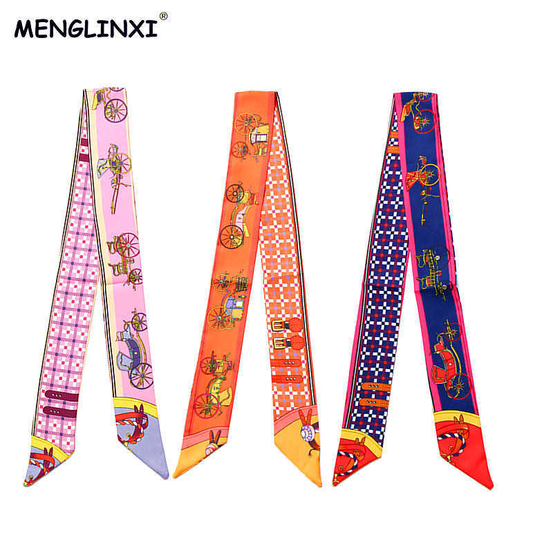

MENGLINXI Bag Twillies New Women Small Twill Silk Scarf Horse Print Headdress Handle Bag Ribbon Long Scarves