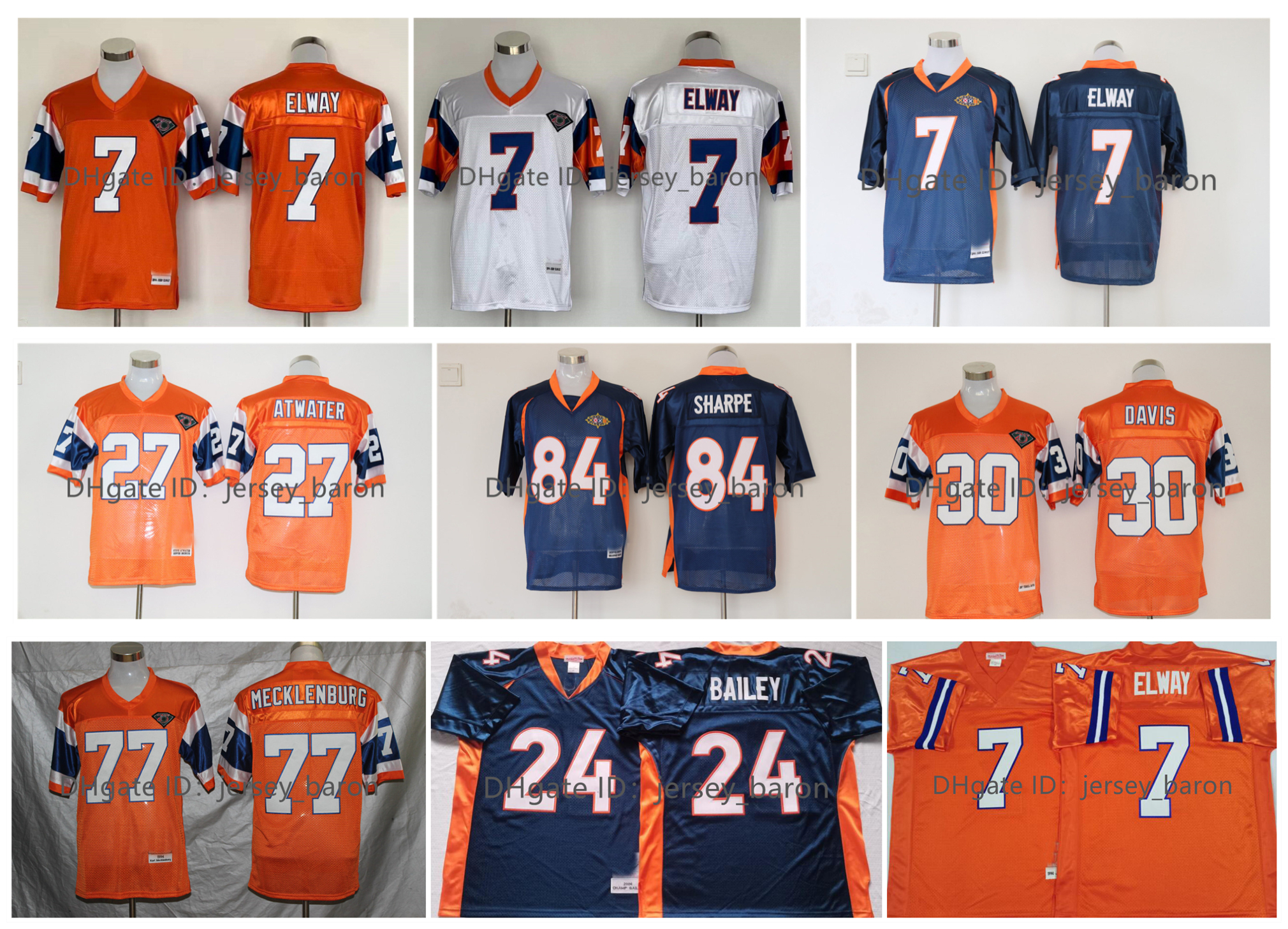 

Throwback Football Jersey 7 John Elway 27 Steve Atwater 77 Karl Mecklenburg 80 Shannon Sharpe 24 Champ Bailey 30 Terrell Davis M&N Blue Orange White, As pic