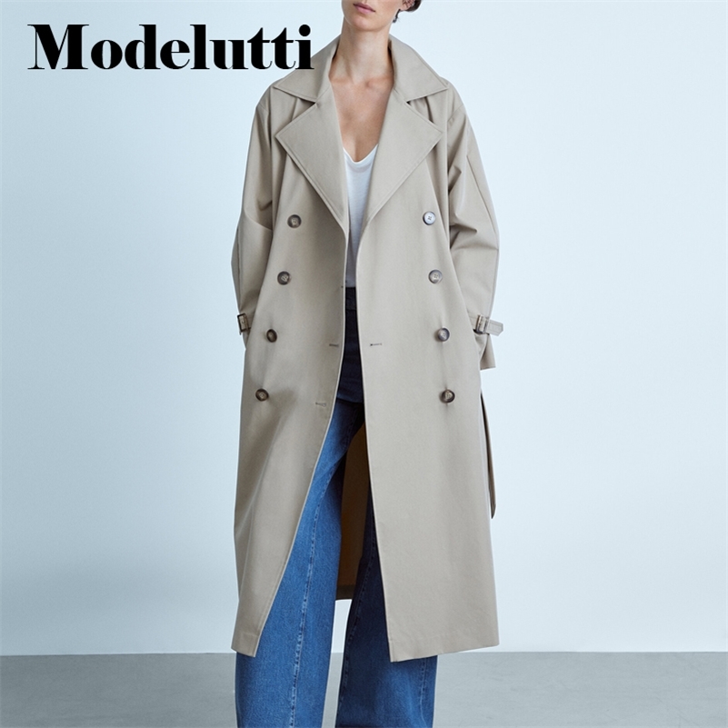 Modelutti Spring Autumn Double breasted Trench Coat Belt Women Fashion Loose Solid Simple Casual Windbreaker Female 220818