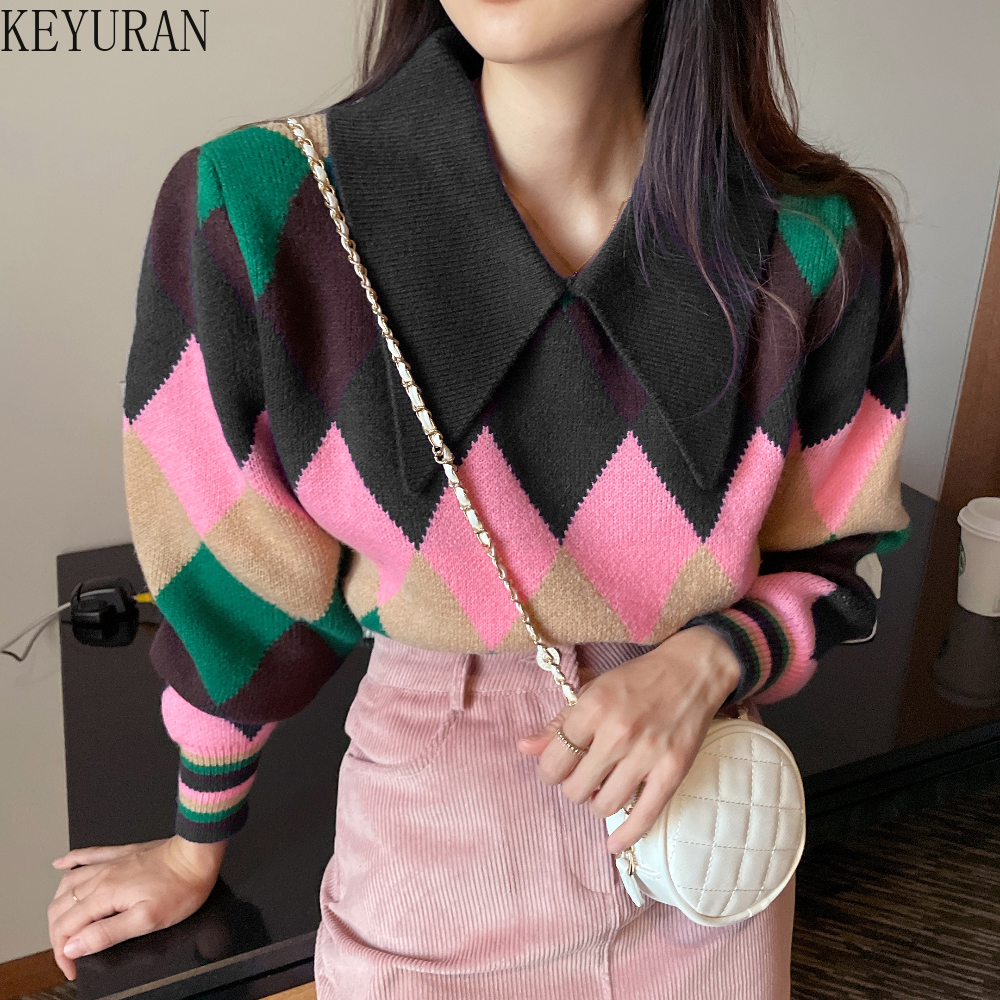 

Argyle Sweaters Women Pullover Autumn Winter Korean Chic Turn-down Collar Puff Long Sleeve Knitted Sweater Female Y2k Clothes, Photo color