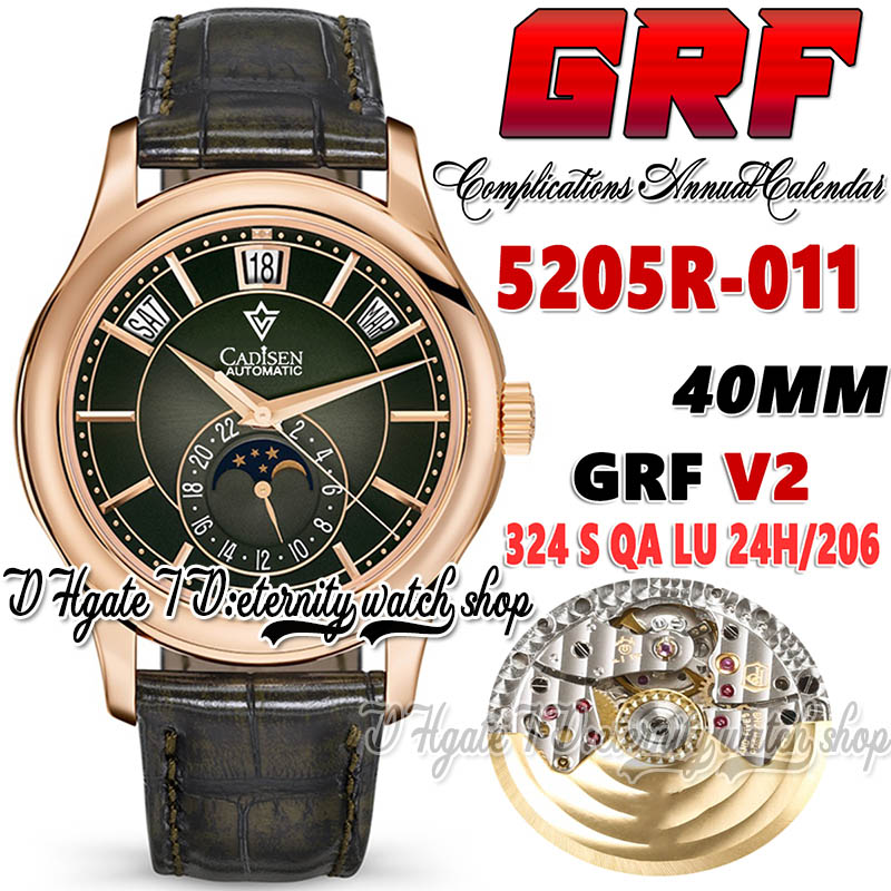 

GRF V2 gr5205 324 S QALU24H/206 gr324 Automatic Mens Watch Complications Annual Calendar Rose Gold Moon Phase Olive Green Dial Leather Super Edition eternity Watches, Watch deep waterproof production cost
