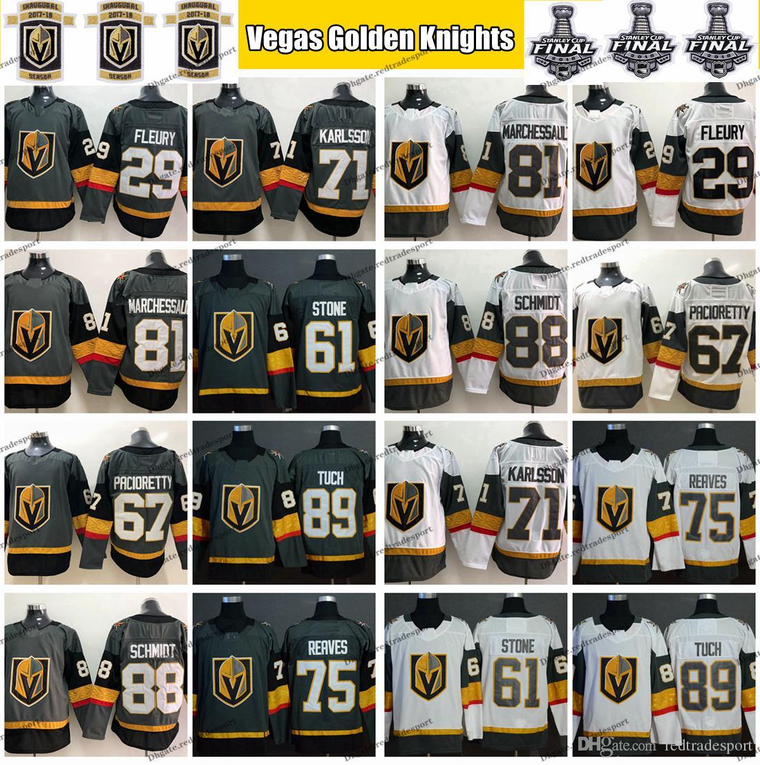 

2019 Vegas Golden Knights 29 Marc-Andre Fleury 88 Nate Schmidt 71 Karlsson 81 Marchessault 67 Pacioretty 75 Reaves Tuch Stone Hockey Jersey, Grey 88