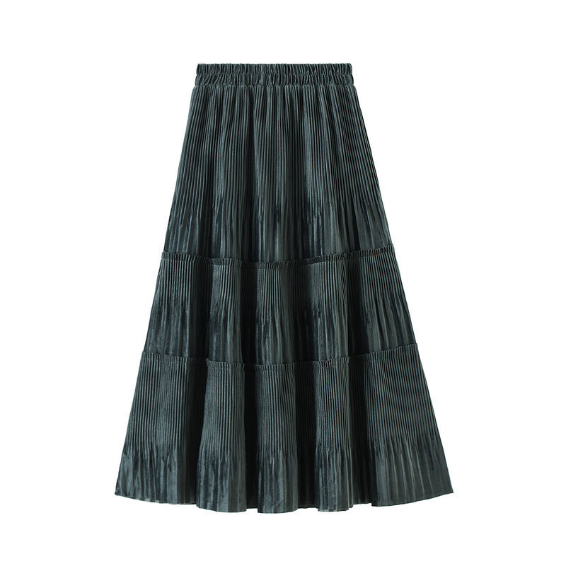 

OHRYIYIE Solid Color Vintage Long Velvet Pleated Skirt Women Autumn Winter Fashion Lady High Waist A Line Skirt Female L220818, Gray