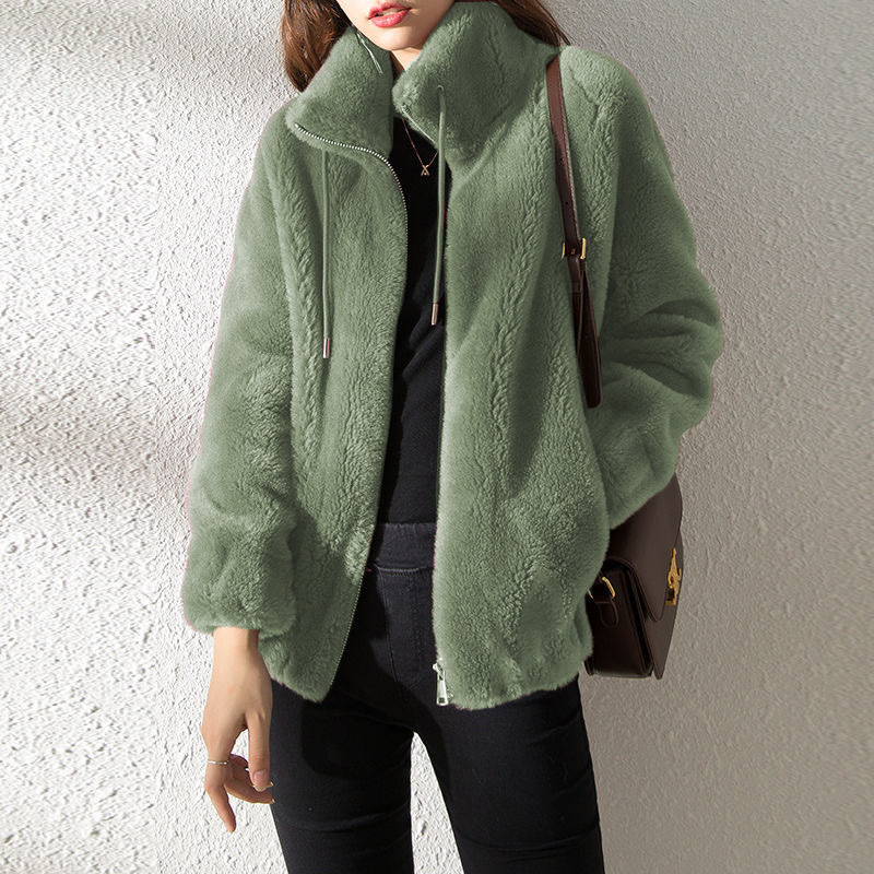 Femme en mouche en moteur Fleece Collier de support chaud Veste à manches longues Automne Mode coréen Brown Plus taille Zipper Harajuku Office La