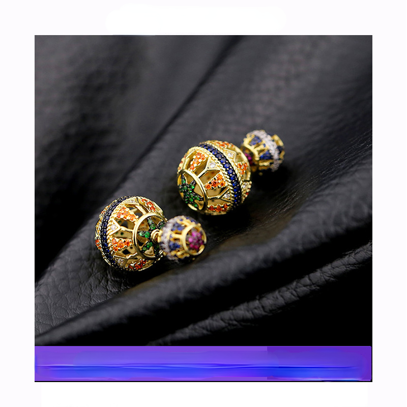 2022 fashion vintage double side ball stud earrings for women colorful crystal luxury designer ear rings party jewelry gift-image-791056943