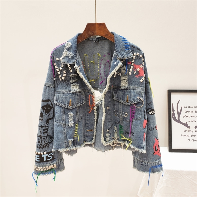 Spring Autumn Women Street Fashion Graffiti Denim Jacket Female Short Frayed Raw Cut Rivet Fringe Jean Coat Outwear 220818