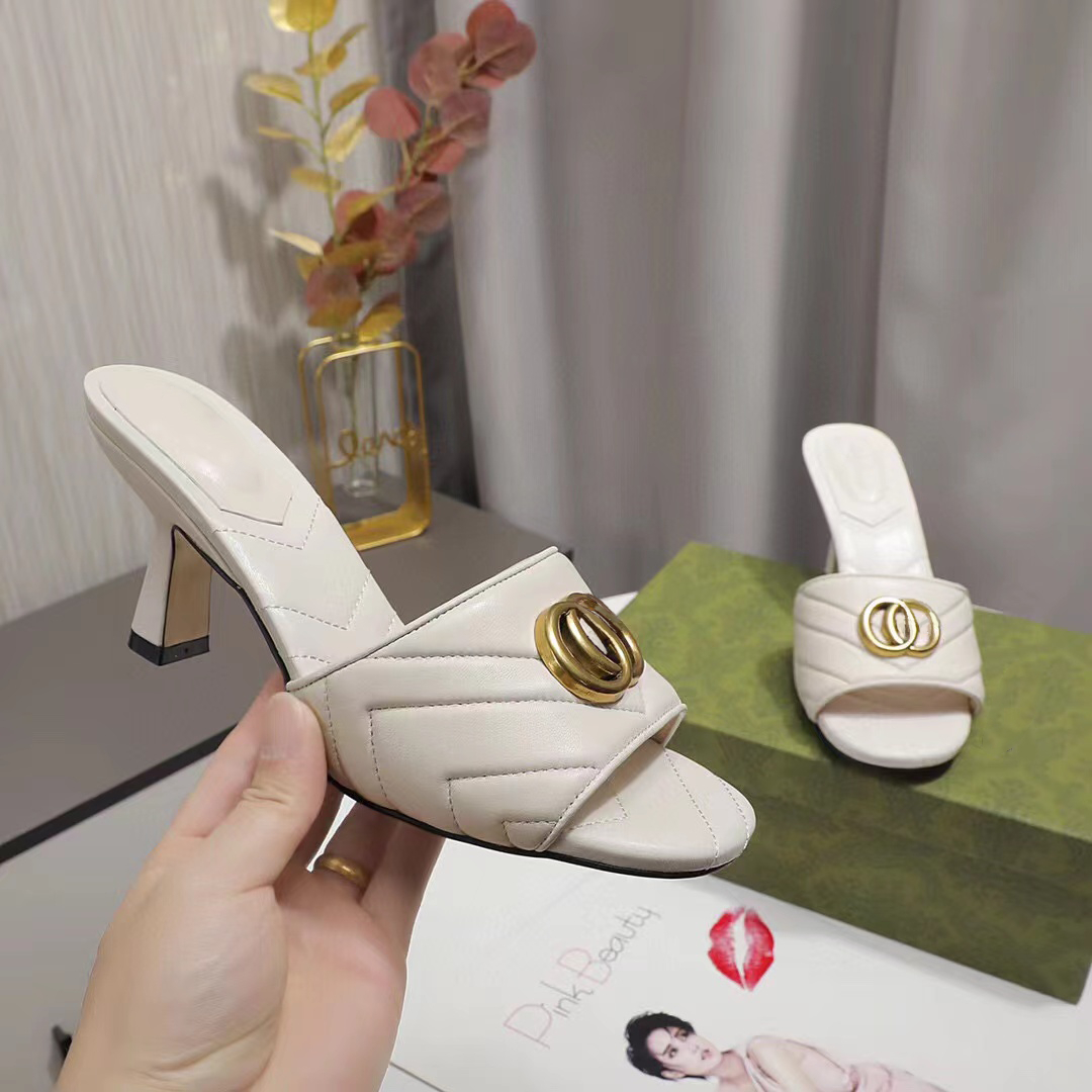 

Designer Women's Slippers High Heels Leather Sandals Fashion Sexy Electric Embroidered Flip-Flops 35-42 With Box, Pink