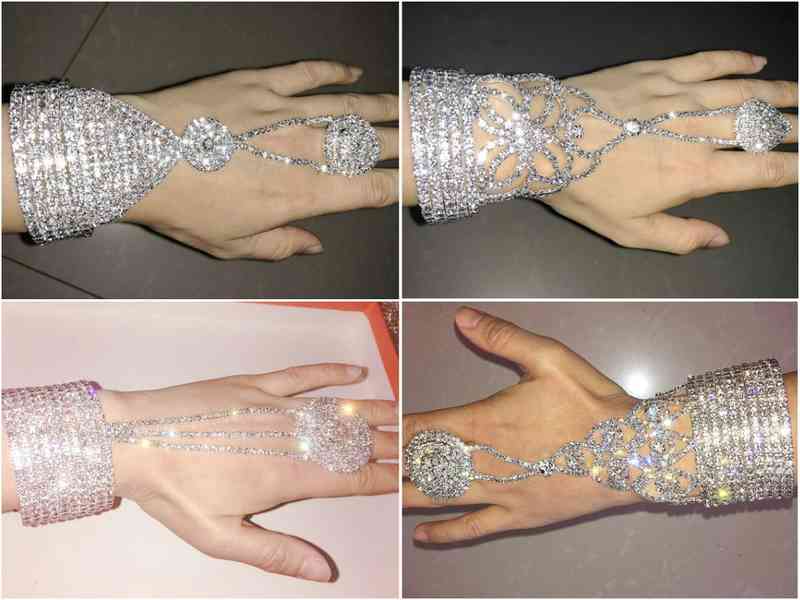 Designer Bijoux Esclave Argent Main Cristal Chaîne Bague Bracelet De Mariée Bracelet Strass Décoration De Mariage Manchette Attachée Ensemble Or
