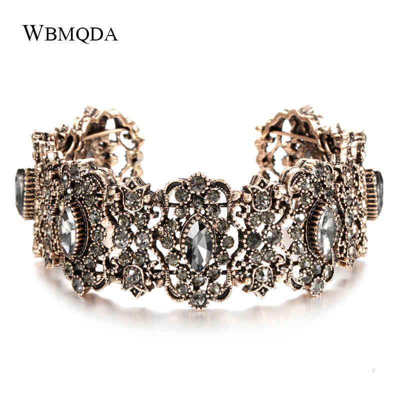 Bracelet Bangle Designer Wbmqda Vintage Grey Crystal Bangles Boho Antique Gold Adjustable Wide Cuff Bracelets for Women Statement Jewelry Party G