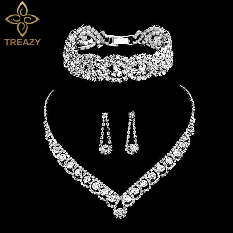 Bracelet Designer Treazy Couleur Argent Strass Cristal Ensembles De Bijoux De Mariée Pour Femmes Collier Boucles D'oreilles Bracelet Ensemble Acc