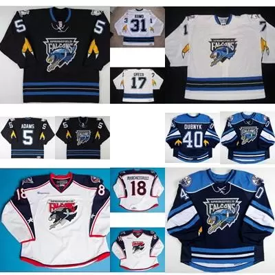 2017 AHL Springfield Falcons 5 John Adams 17 Brady Greco Mens Womens Kids 100% Embroidery Custom Ice Hockey Jerseys Goalit Cut Hot