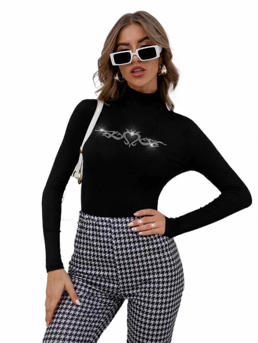 

heart Rhinestone High Neck Tee 16jL#, Black