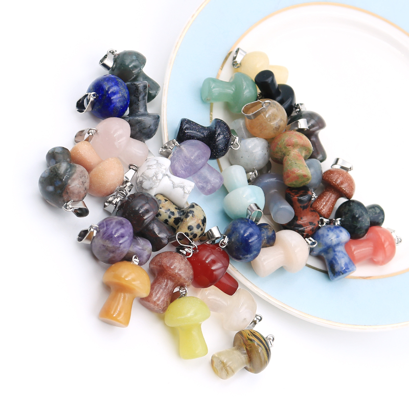 

Natural Stone Carved 20mm Mushroom charms pink Quartz amethyst agate opal Crystal Tiger Eye Hand Pendant Charms For DIY Jewelry Making Necklace