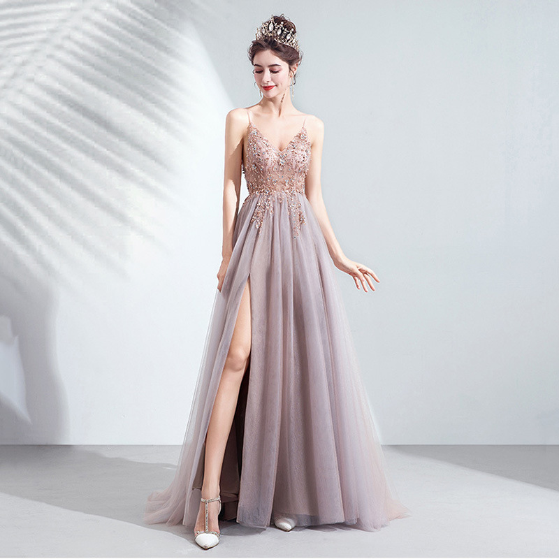 Sequins Side Split Evening Dresses Rami Salamoun Appliqued straps 2023 Crystals Long Prom Dress Tulle Beaded Formal Gowns-image-791103826