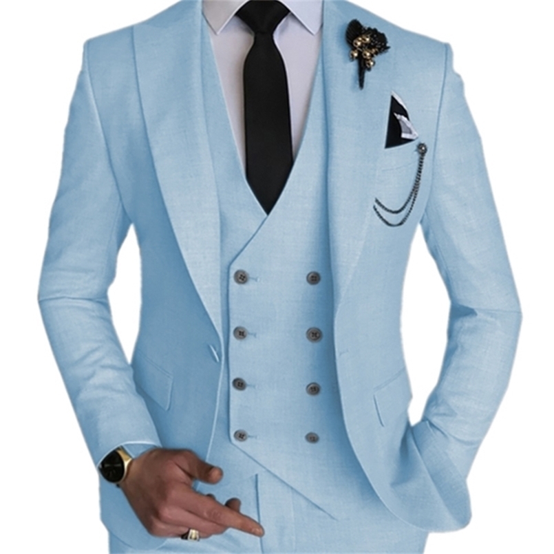Fashion Smart Business Sky Blue Costume Homme Wedding Men Suits Lapel Groom Tuxedos Terno Masculino Prom Blazer 3 Pieces 220817