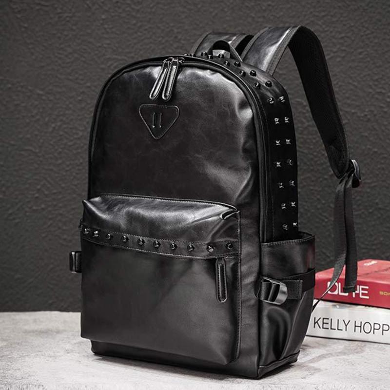

Backpack Men's Fashion Rivet Backpacks Male Waterproof Leather School Bookbag Large Capacity Laptop Bag Pack Solid Black ManBackpack