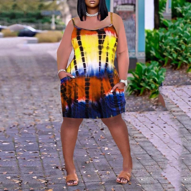 Casual Dresses Fashsiualy Summer Sleeveless Spaghetti Strap Plus Size Dress Women Tie Dye Short Sleeve Open Back Sexy Print