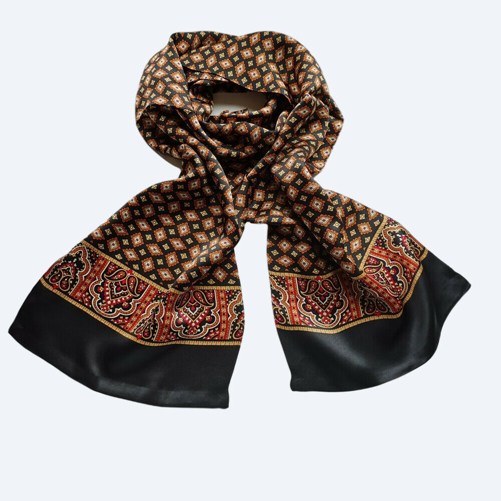 Men's 100% Silk Scarf Long Double Layer Neckerchief Cravat Elegant Black Brown