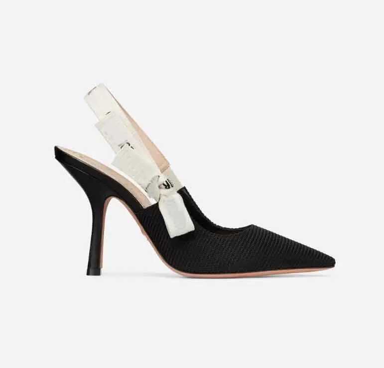 2022 Top Quality Designer Women Sandals Pointed Toe Slingback Pump Mesh Embroidery Two-tone Flat Bow Lady High Heels Party Wedding Bridals