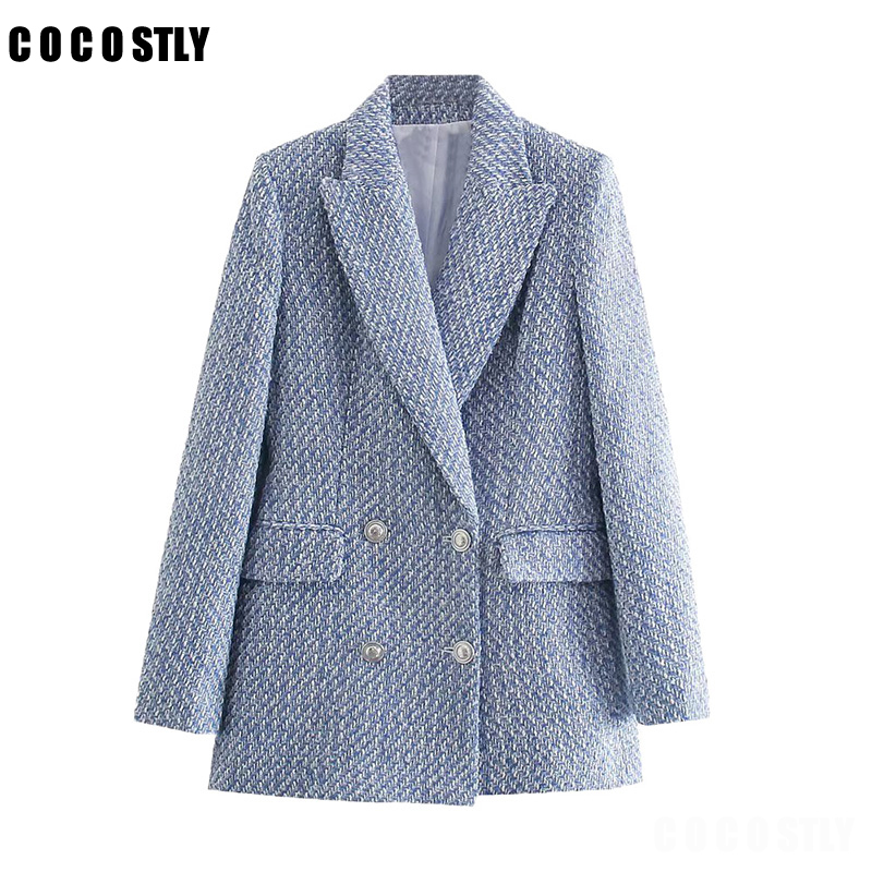 Femmes Blazers Tweed Double Boutonnage Blazer Manteau Vintage À Manches Longues Femme blazer tweed noir Survêtement Veste Femme 220818