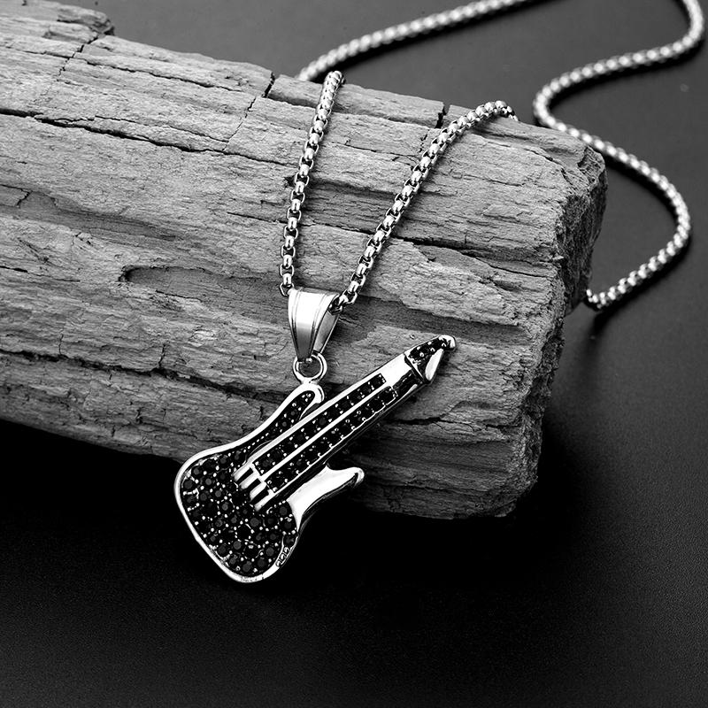 

Chains Micropavé Black And White Zircon Punk Guitar Pendant Necklace For Men’s Woman's Girls Gifts Hip Hop Rock
