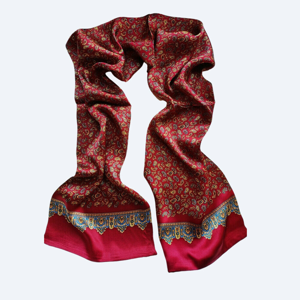Men's 100% Silk Scarf Paisley Long Double Layer Neckerchief Cravat Grey Blue Red