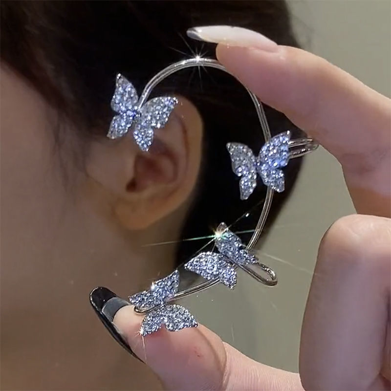 Silver Gold Plated Metal Butterfly Clip on Earrings Ear Clips Without Piercing for Women Girls Bling Cubic Zirconia Ear Cuff Open Earring Cuffs W